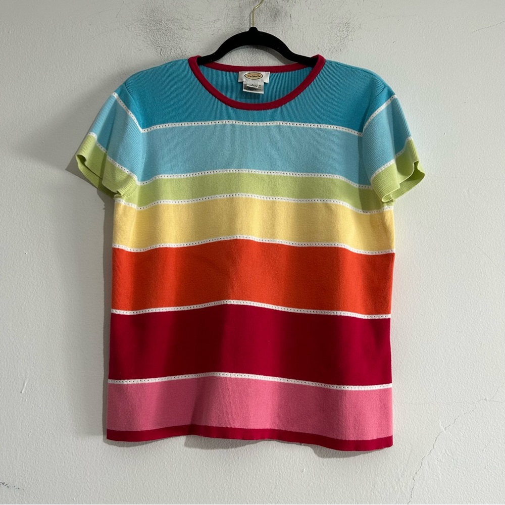 Vintage Talbots Rainbow Striped Cotton Short Sleeve Sweater Teacher Art Pop